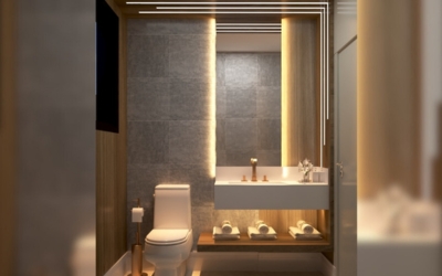 Projeto de design de interiores residencial com móveis modernos e espaço otimizado