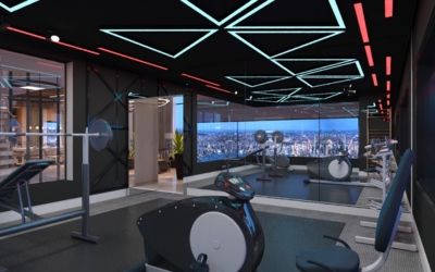 Projeto de design de interiores residencial com móveis modernos e espaço otimizado