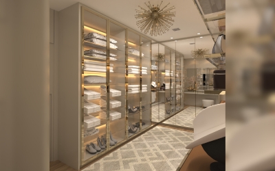 Projeto de design de interiores residencial com móveis modernos e espaço otimizado