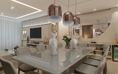 Projeto de design de interiores residencial com móveis modernos e espaço otimizado