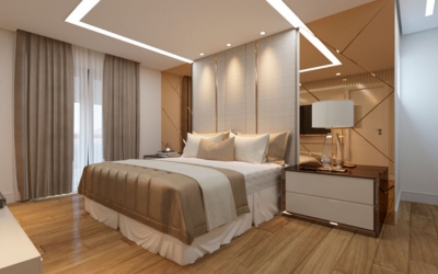 Projeto de design de interiores residencial com móveis modernos e espaço otimizado