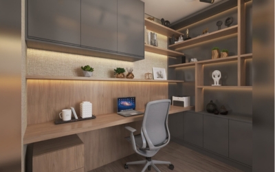 Projeto de design de interiores residencial com móveis modernos e espaço otimizado