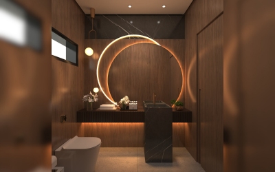 Projeto de design de interiores residencial com móveis modernos e espaço otimizado