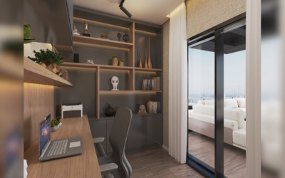 Projeto de design de interiores residencial com móveis modernos e espaço otimizado