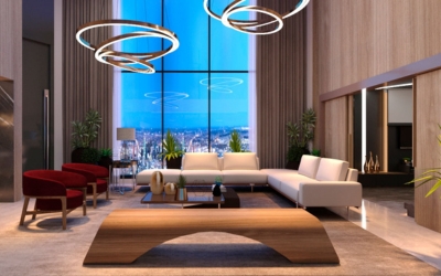 Projeto de design de interiores residencial com móveis modernos e espaço otimizado