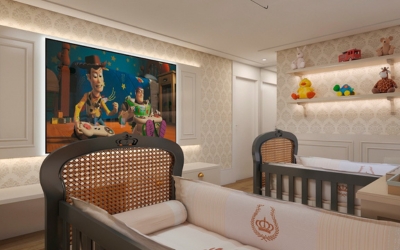 Projeto de design de interiores residencial com móveis modernos e espaço otimizado