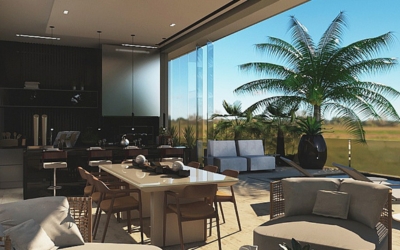 Projeto de design de interiores residencial com móveis modernos e espaço otimizado