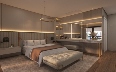 Projeto de design de interiores residencial com móveis modernos e espaço otimizado