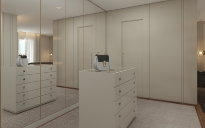 Projeto de design de interiores residencial com móveis modernos e espaço otimizado