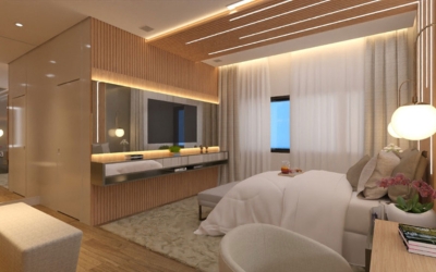 Projeto de design de interiores residencial com móveis modernos e espaço otimizado