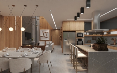 Projeto de design de interiores residencial com móveis modernos e espaço otimizado