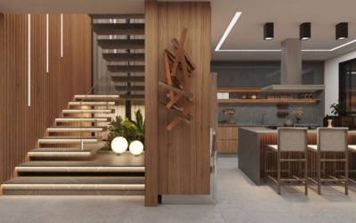 Projeto de design de interiores residencial com móveis modernos e espaço otimizado