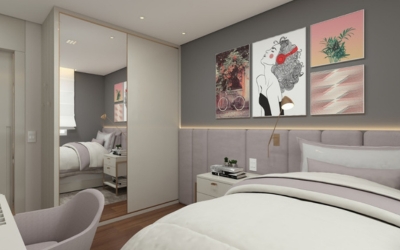 Projeto de design de interiores residencial com móveis modernos e espaço otimizado