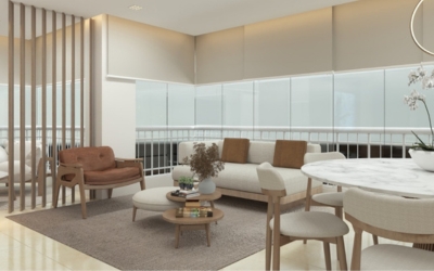 Projeto de design de interiores residencial com móveis modernos e espaço otimizado