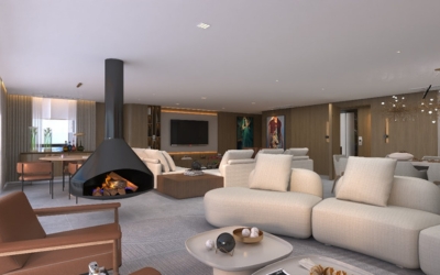 Projeto de design de interiores residencial com móveis modernos e espaço otimizado