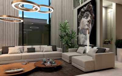Projeto de design de interiores residencial com móveis modernos e espaço otimizado
